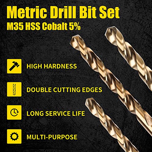 Cobalt Drill Bits Set 19pcs Metric M35 HSS 135 Degree Tip Split Point Jobber Length Twist Drill Bit for Hardened Metal Cast Iron Stainless Steel Plastic and Wood with Metal Storage Case 1-10mm