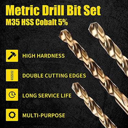 Cobalt Drill Bits Set 19pcs Metric M35 HSS 135 Degree Tip Split Point Jobber Length Twist Drill Bit for Hardened Metal Cast Iron Stainless Steel Plastic and Wood with Metal Storage Case 1-10mm