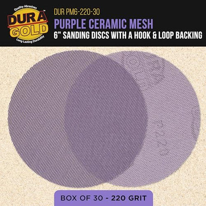 Dura-Gold Premium 220 Grit 6" Purple Ceramic Mesh Sanding Discs, Box of 30 - style: 220 Grit