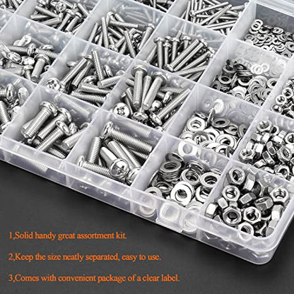 HELIFOUNER 1280 Pieces M2 M3 M4 M5 Phillips Pan Head Machine Screws, Flat Washers and Nuts Assortment Kit, 304 Stainless Steel - size: M2 M3 M4 M5