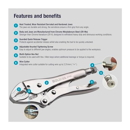 Eclipse Professional Tools E7WR 7 Inch Curved Jaw Locking Pliers with Wire Cutters (7" / 175mm) - size: 7-Inch