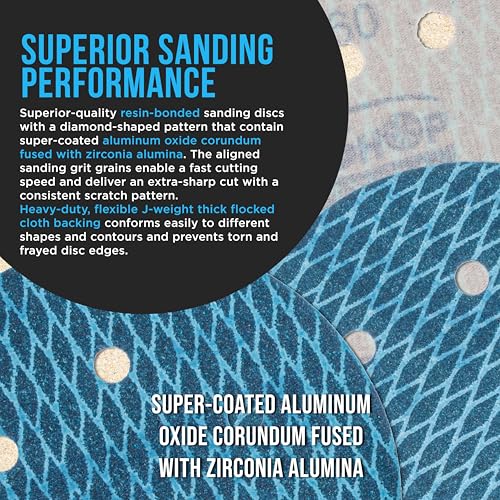 ProductionShop Premium 320 Grit 6" Rhombus Diamond Shape Blue Sanding Discs, 6-Hole, Box of 50 - Hook & Loop Anti-Clogging J-Cloth Dustless Sandpaper for Random Orbital Sanders, Sand Auto Paint, Wood - style: 320 Grit