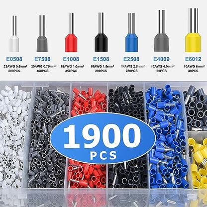 Preciva Ferrule Crimping Tool Kit with 1900PCS Wire Connectors, Hexagonal AWG23-10 Sawtooth Self-Adjustable Ratchet Wire Terminals Crimper Kit