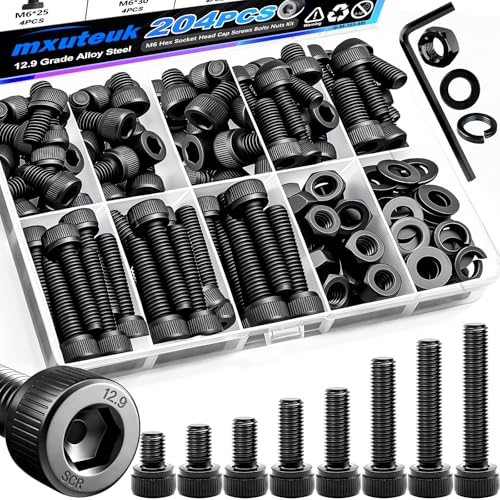 mxuteuk 204PCS M6 Screws,M6x8/10/12/16/20/25/30/35mm Hex Socket Head Cap Bolts with Nuts & Washers,12.9 Grade Alloy Steel Black Zinc Screws Assortment Kit for 3D Printing,DIY - size: 204PCS M6