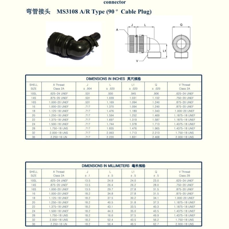 MS3108A10SL-3S Industrial Circular Heavy-Duty Connector, MIL-DTL-5015 Series Threaded Connector 3 Pin Contacts Solder Female 90° Angle Plug, 10SL Shell Size for Industrial and Machinery and Equipment - size: MS3108A10SL-3S