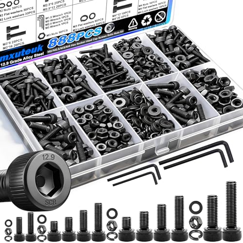 mxuteuk 888PCS Metric Screws Assortment,M4 M3 M2.5 M2 Screws Kit, Suitable for 3D Printing DIY, Grade 12.9 Alloy Steel Hex Socket Head Cap Bolts Nuts and Washers Kit, Black Zinc Plated - size: 888PCS M2-M4