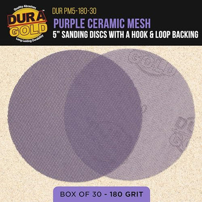 Dura-Gold Premium 180 Grit 5" Purple Ceramic Mesh Sanding Discs, Box of 30 - style: 180 Grit