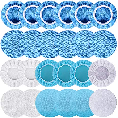 SIQUK 24 Packs Car Polisher Pad Bonnets 5 to 6 Inch Polishing Bonnet with 12 Packs Microfiber Bonnets 4 Packs Waxing Bonnet 6 Packs Non-Woven Buffing Bonnet and 2 Packs Cotton Bonnet