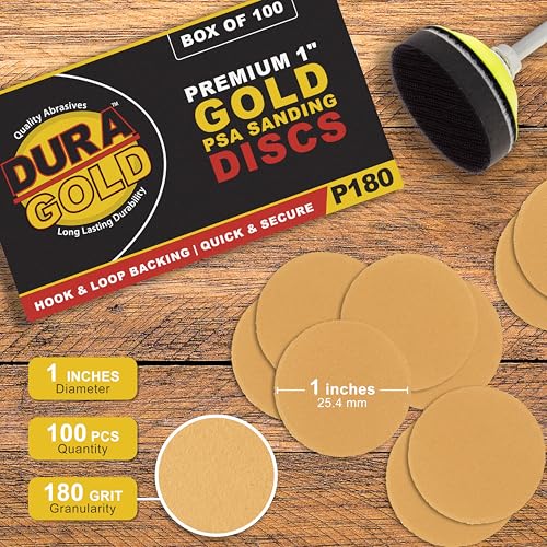 Dura-Gold Premium - 180 Grit 1" Gold Hook & Loop Sanding Discs, Box of 100 - style: 180 Grit