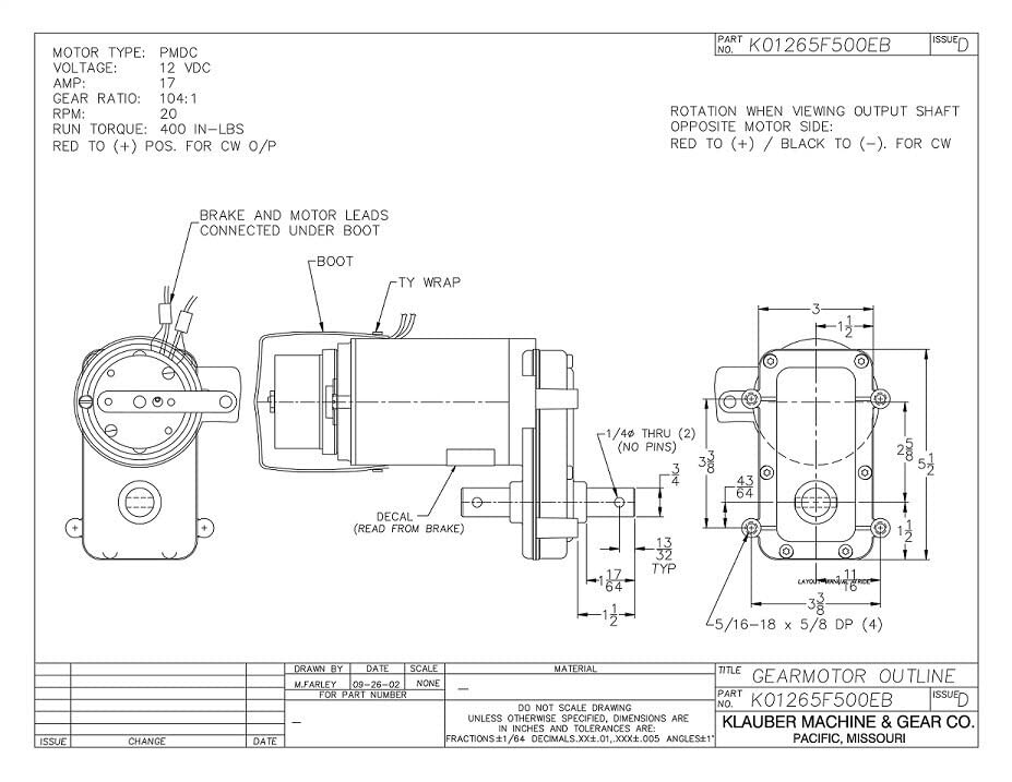Klauber RV Slide Out Motor # K01265F500