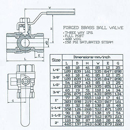 Nigo Industrial Co. 180SS Series 3-Way (L-PORT) Forged Brass Ball Valve, Lever Handle, NPT Female, Full Port 400WOG (1/2") - size: STANDARD - 1/2 Inch