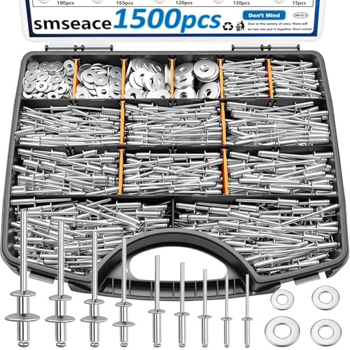 smseace 1500Pcs Aluminum Pop Rivets Kit with Washers in Handheld Box - color: Silver Aluminum, size: 1500pcs