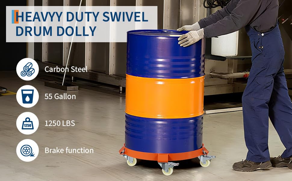 55 Gallon Heavy Duty Drum Dolly, 1,250 Pound Capacity,Barrel Dolly Cart Drum Caddy with Cross Braces & Swivel Casters Wheel,Non Tipping Design,Barrel Cart with Brake for Warehouse Drum Handling