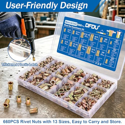 660Pcs Metric & SAE Rivet Nut Kit Threaded Nutserts Set - size: Metric & SAE 660pcs