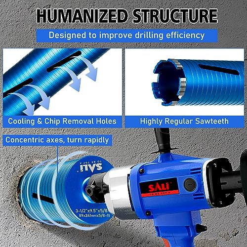 SALI Diamond Core Drill Bits 2 1/2" Diameter 10"/254mm Drilling Depth 5/8-11" Thread Core Bit Turbo Laser-Welded Segments for Cured Concrete with Brick, Block, Masonry, with Two Adapters - size: 2 1/2 inch