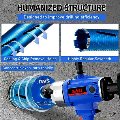 SALI Diamond Core Drill Bits 2 1/2" Diameter 10"/254mm Drilling Depth 5/8-11" Thread Core Bit Turbo Laser-Welded Segments for Cured Concrete with Brick, Block, Masonry, with Two Adapters - size: 2 1/2 inch