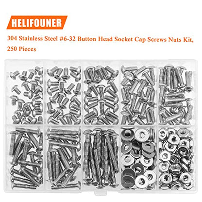 HELIFOUNER 250 Pieces #6-32 x 3/16" 1/4" 5/16" 3/8" 1/2" 5/8" 3/4" 1", Button Head Socket Cap Screws Bolts Washers Nuts Kit, Coarse Thread, Fully Machine Threaded, 304 Stainless Steel - size: #6-32, style: Button Head