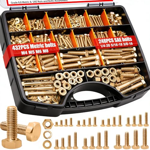 Twidec/680PCS Metric＆SAE Bolt Assortment,Grade 8.8 Hex Head Bolts and Nuts Assortment Kit, M4 M5 M6 M8 1/4-20 5/16-18 3/8-16 Heavy Duty Nuts and Bolts Kit Gold Zinc Plating With Storage Case - color: Golden 680PCS M4 M5 M6 M8 1/4-20 5/16-18 3/8-16