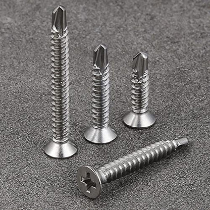 Wensilon（400pcs）#8×3/4”for Sheet Metal Self-Tapping Screws 410 Stainless Steel Flat Head High-Strength Quick self-Drilling Screws - color: Silver, size: #8X3/4"