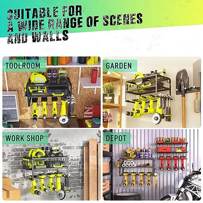 SUNALLY Power Tool Organizer, Heavy Duty Iron, 3 Layers Storage Rack with 4 Drill Holders, Floating Tool Shelf Wall Mounted, Matte Black, Work Shop, Garage, 150Lbs Load Capacity - style: 4 Drill Holders A