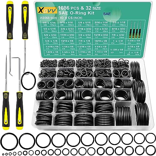 XBVV 1086 Pcs 32 Size SAE O Ring Assortment Kit Standard Buna-N Rubber O'ring Set with 4 Pick & Hook for Automotive Hydraulic Faucet Plumbing Sealing Repair ID:1/8-2 Inch