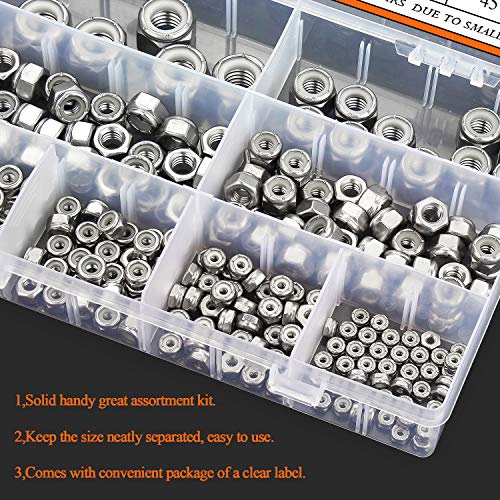 HELIFOUNER 225 Pieces 8 Sizes Nylon Insert Hex Lock Nut Assortment Kit, 304 Stainless Steel (#4-40 to 1/2"-13) - size: #4-40 to 1/2"-13 (225 pcs)