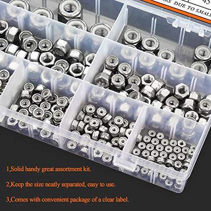 HELIFOUNER 225 Pieces 8 Sizes Nylon Insert Hex Lock Nut Assortment Kit, 304 Stainless Steel (#4-40 to 1/2"-13) - size: #4-40 to 1/2"-13 (225 pcs)