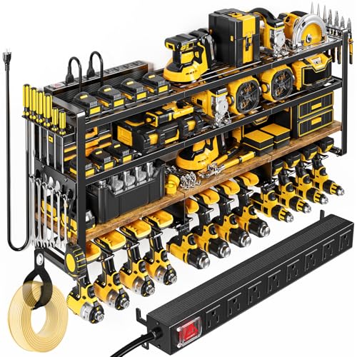 POKIPO Power Tool Organizer Wall Mount with Charging Station, 4 Tier Tool Battery Storage Rack Built in 8 Outlet Power Strip for Garage, 49" W, Black Wood - color: Black Brown, size: 49" W