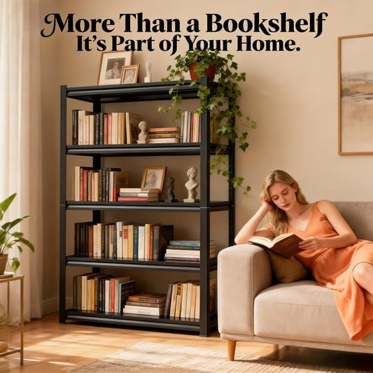 5 Tier Black Metal Bookshelf, Industrial Corner Book Case Shelving Unit, Heavy Duty Steel Storage Rack Shelves Organizer for Books Plants Decor, Free Standing Shelf for Living Room Bedroom Office - size: 5Tier-39.4"Wx19.7"Dx63"H