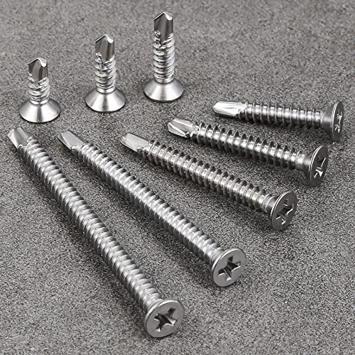 Wensilon（200pcs）#8×1-1/2”for Sheet Metal Self-Tapping Screws 410 Stainless Steel Flat Head High-Strength Quick self-Drilling Screws - color: Silver, size: #8X1-1/2"