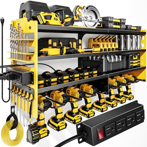 POKIPO Large Power Tool Organizer Wall Mount with Charging Station,4 Layer Heavy Duty Metal Storage Rack Loads 600lbs with 8 Cordless Drill Holder,Battery Utility Rack Gift for Garage workshops Room - color: Yellow, size: Large