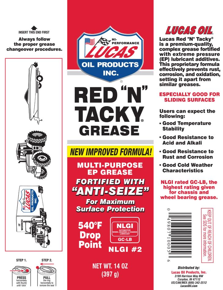 Lucas Oil 10005 Red N Tacky Grease - 14 Ounce Cartridge (Pack of 10) - size: 14 Ounce, style: 10 Pack