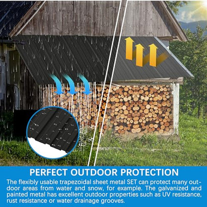 Metal Roof Panels 10Pcs Roofing Panels Galvanized Steel with Screw Resistant,Versatile and Durable Suitable for Garages,Sheds, Stables and Mobile Homes Black 70 sq.ft - color: Black, size: 10 pcs/L60.63"