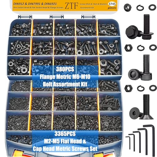 ZTF 3745PCS Metric Bolt Assortment Kit, M2-M10 Hex Socket Screws & Nuts - size: Flange+Flat+Button Head 3745Pcs