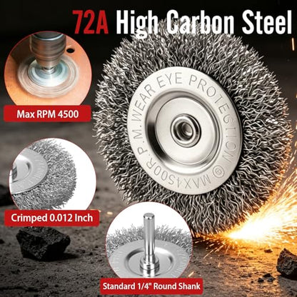 22-Pack Wire Brush for Drill, Carbon Steel Crimped Brushes – Spherical Wheel, Cup, Pen End & Hand Brushes Set, Fit 1/4 Inch Round Shank Power Drill Attachment for Rust, Paint, Abrasive Removal - color: Silver