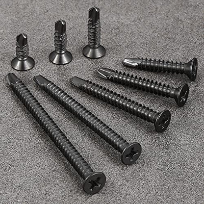 Wensilon（500pcs）#8×5/8”for Sheet Metal Self-Tapping Screws 410 Black Stainless Steel Flat Head High-Strength Quick self-Drilling Screws - color: Black, size: #8X5/8"
