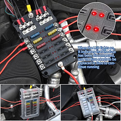 12 Way 12V Fuse Box Blade, 12Volt Fuse Block with LED Indicator Waterproof Cover - 12-Way Individual Positive Fuse Holder with Ground Bus Holder for 12V/24V AutoTruck Boat Marine RV Van Vehicle - color: 12 Way