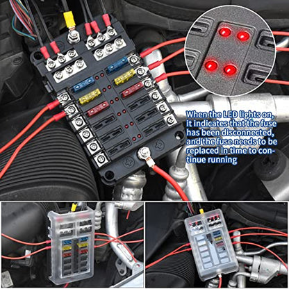 12 Way 12V Fuse Box Blade, 12Volt Fuse Block with LED Indicator Waterproof Cover - 12-Way Individual Positive Fuse Holder with Ground Bus Holder for 12V/24V AutoTruck Boat Marine RV Van Vehicle - color: 12 Way