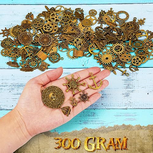 Hicarer 300 Gram Gears Charms, Nautical Anchor Rudder Helm Compass Charms Pendant, Bulk Mixed Antique Bronze Gears Steampunk, Clock Watch Cog Wheel for DIY Necklace Bracelet Jewelry Making Accessories - style: Anchor Style