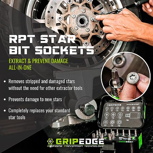 GRIPEDGE Tools | 9PC RPT Star Driver Set | Sizes T6 - T40 | 1/4'' Drive | Made With S2 Steel | Includes Premium Aluminum Socket Rail |