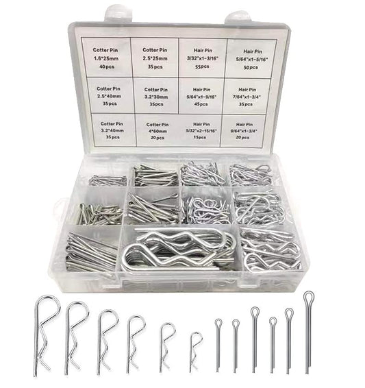 Boatsea 420Pcs Cotter Pin Assortment Kit R Clips Spring Retaining Hair Pins Assortment Kit, Including 6 Sizes 200PCS Cotter Pins and 6 Sizes 220PCS Hairpin Pins, Zinc-Plated - size: 420pcs