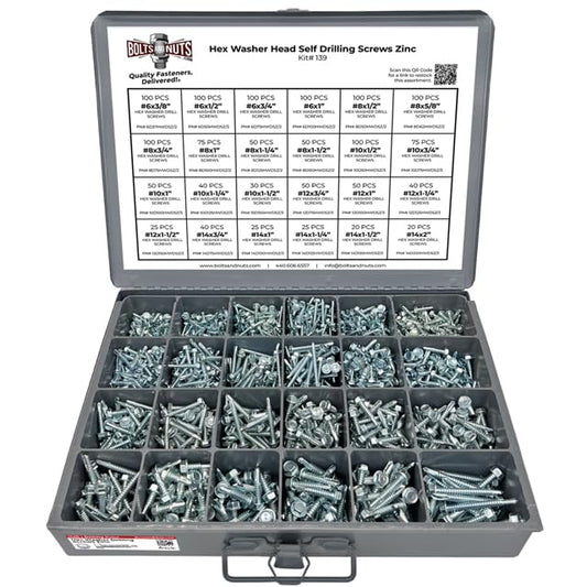 Unslotted Hex Washer Head Sheet Metal Self Drilling Tek Screw Assortment Kit - 1466 Pieces!