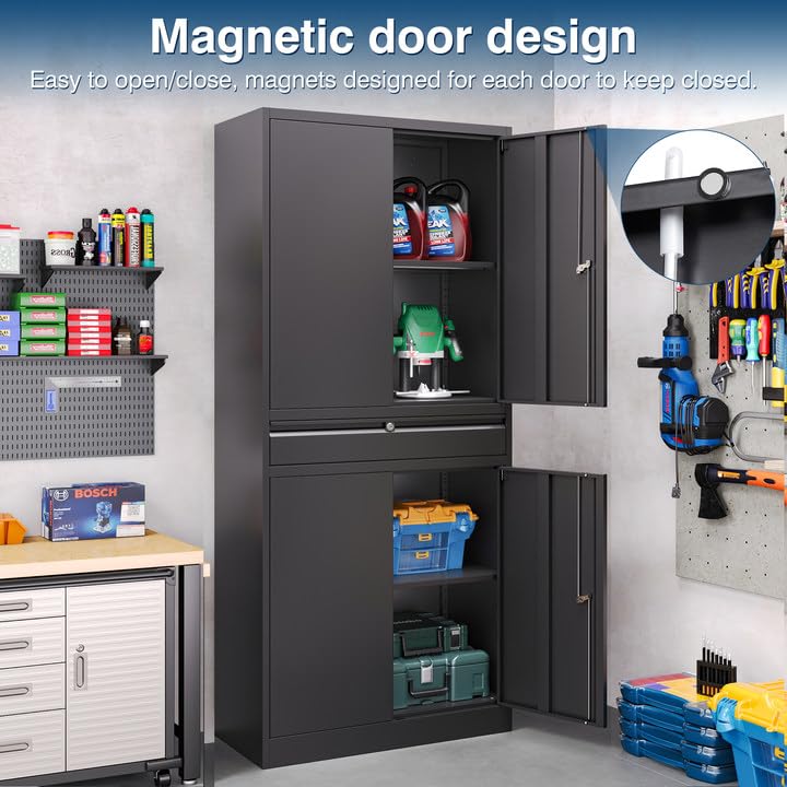 Metal Garage Storage Cabinet with Lock, Tool Cabnets with 1 Drawer - color: Black, size: 71"H x 32"W x 16"D-W