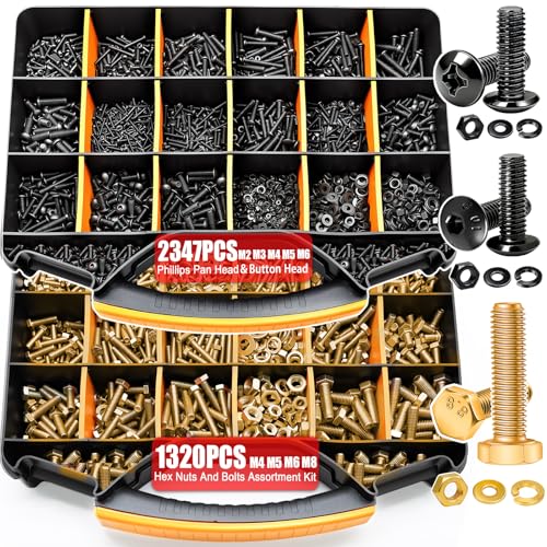 Twidec/3667PCS Hardware Assortment Kit,Metric Phillips Pan Head Bolts,Grade 8.8 Metric Hex Bolt Set and Grade 10.9 Button Head Hexs Socket Cap Screws Metric Screw with Matching Nut Washer Assortment - color: Black＆Golden 3667PCS M2 M3 M4 M5 M6 M8
