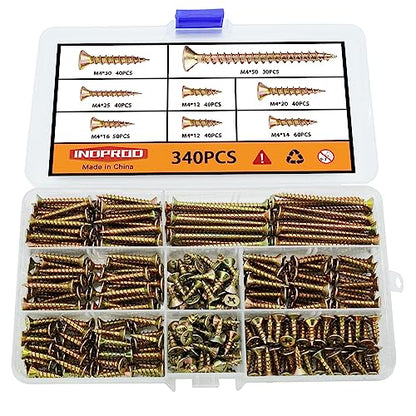M4 Flat Head Wood Screws Assortment Kit 340 Pcs,Phillips Drive Countersunk Flat Head Self-Tapping Wood Screws,Yellow Zinc Plated Finish Screw Kit,Self Tapping Screws for Metal,Full Thread - style: M4 340PCS