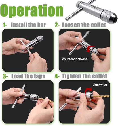 2Pcs Ratchet T Handle Tap Wrench, Adjustable T Bar Handle Holder Ratcheting Wrench for Metric M3-M8 / M5-M12 Thread Screw Taps