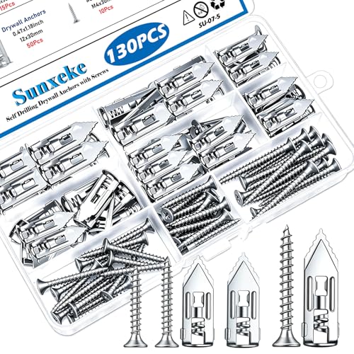 130 PCS Self Drilling Drywall Anchors with Screws Kit-2 Sizes Sheetrock Anchors & 3 Sizes Zinc Expansion Screws,Upgraded Zinc Plated Steel,No Drill Needed,Holds Up to 66LB on Walls(Sliver） - color: 130PCS-KIT-Silver