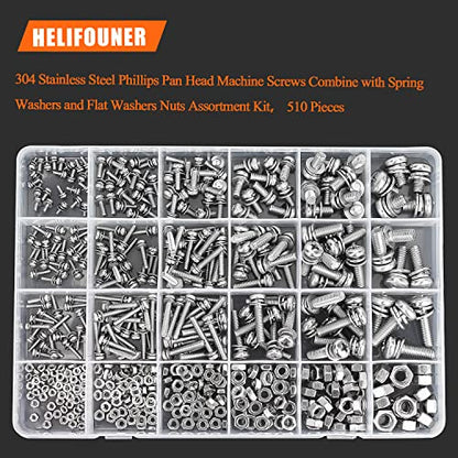HELIFOUNER 510 Pieces Phillips Pan Head Machine Screws Nuts Washers Assortment Kit, Stainless Steel 304, Full Thread (M2 M2.5 M3 M4 M5 M6) - size: M2 M2.5 M3 M4 M5 M6