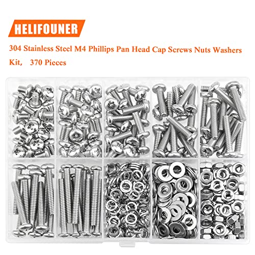 HELIFOUNER 370 Pieces M4 x 6mm /8mm /12mm /16mm /20mm/25mm /30mm, Phillips Pan Head Machine Screws, Metric Screws Bolts Washers Nuts Kit, 304 Stainless Steel - size: M4, style: Phillips Pan Head Machine Screws