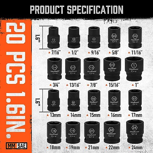 HORUSDY 1/2" Drive Shallow Impact Socket Set, 24-Piece SAE (7/16"-1") and Metric (13-24mm), 6 Point, Cr-V, Includes 1/2-Inch Drive Ratchet Handle, Drive Extension Bar - color: 24 Pcs 1/2" Orange